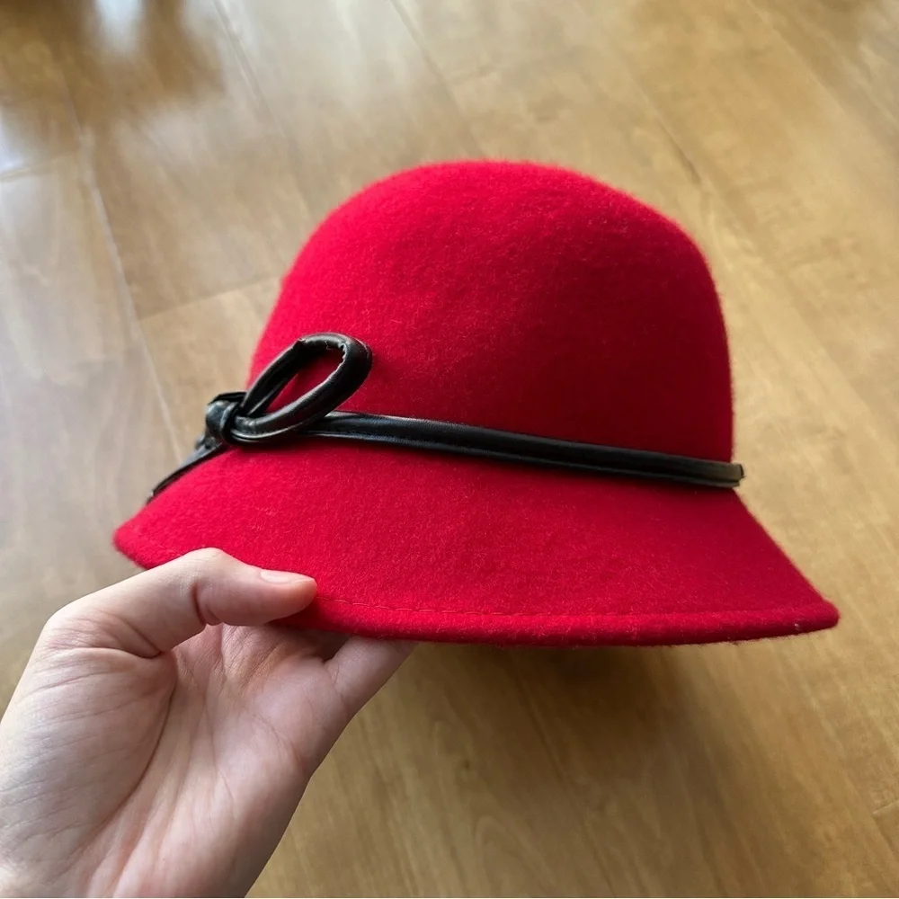 Betmar Women’s Valerina Red Wool Hat with Black Leather Bow